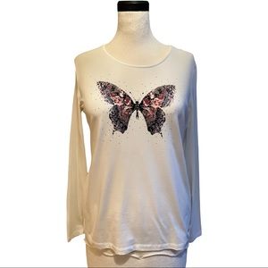 Gerry Weber Long-sleeved White Butterfly T-shirt / Sz 10